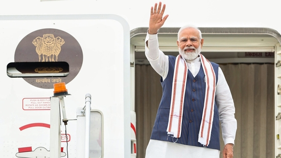 Prime Minister Narendra Modi addressing a gathering during his three-day state visit to Madhya Pradesh, Bihar, and Assam in 2025.