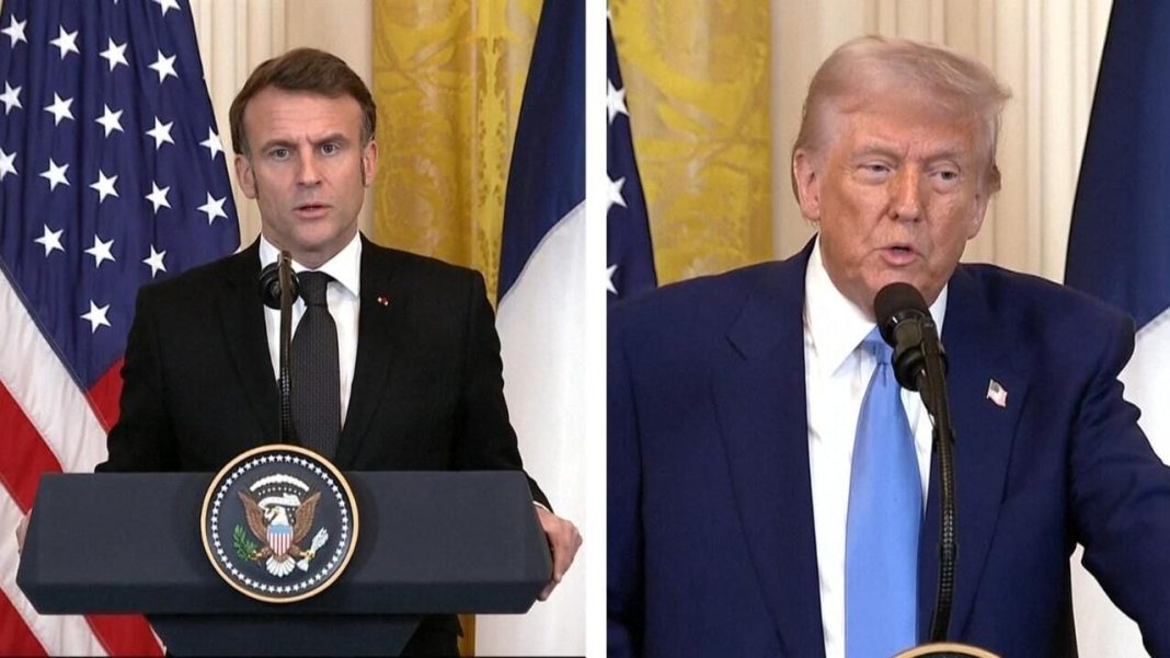 Macron and Trump meet at the White House to discuss the Russia-Ukraine war, emphasizing peace negotiations and security guarantees.